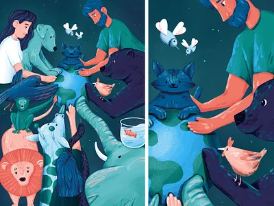 Connect - Inktober #26 bear bird cat climate connect cop26 dog elephant fish fresco giraffe human illustration lion monkey planet savetheplanet snake