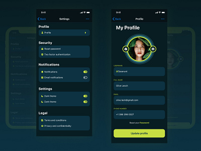 Daily UI Challenge :: 007 - Settings page blue dark dark theme design green mobile profile react react native settings settings page ui