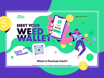 flowhub ca$h app design hero illustration purple smoke ui wallet weed
