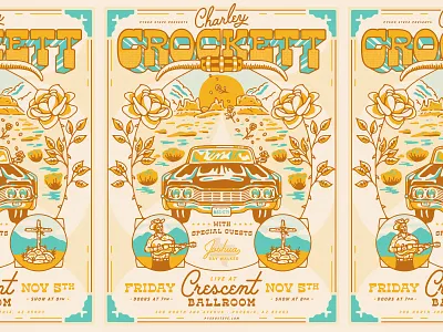 Charley Crockett Gig Poster arizona charley crockett concert country cowboy desert gig poster illustration landscape monument valley music music art music poster poster road roses show poster