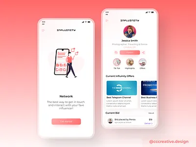 Influencer Networking App UI Design branding design clean clean interface color pops colors design illustration interface logo pink product design salmon ui ui design ux ux design vibrant
