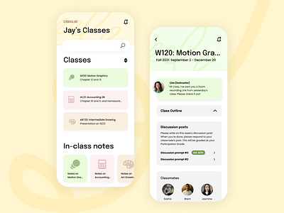 Class Tracker UI Exploration branding branding inspo classes app minimal ui app ui ux class app yellow ui inspo