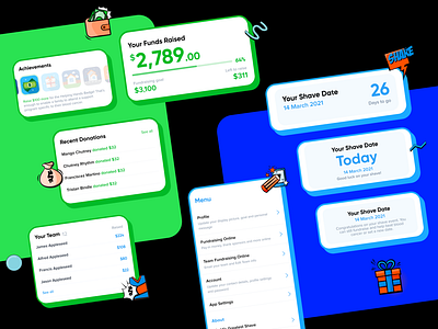 World's Greatest Shave App | Fundraising Widgets and Elements app app design charity colour theory colourful components contrasting fundraising interface design layouts mobile numbers seperate elements stats ui ui components user experience ux widgets worlds greatest shave