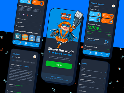 World's Greatest Shave App | Dark Mode UI app app design branding charity colour darkmode design flat fun fundraising interface design leukaemia foundation mango chutney mobile particles ui user experience user interface ux worlds greatest shave