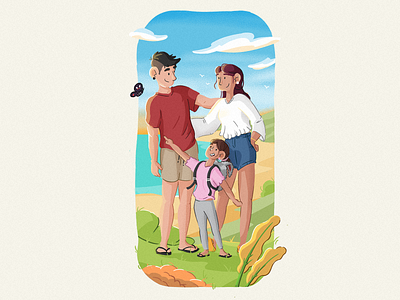 Family Portrait animation beach branding bushes characters child dad family icon illustration linework mum parents photoshop sea vector