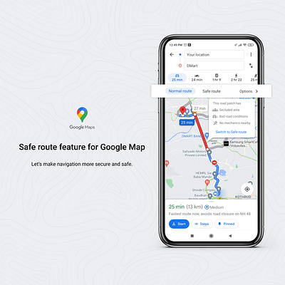 Redesign Of Google Map- Safe Route app branding design google graphic design illustration logo map product route travel ui ux