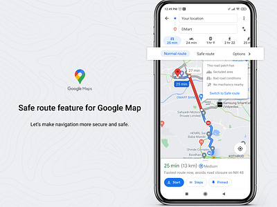 Redesign Of Google Map- Safe Route app branding design google graphic design illustration logo map product route travel ui ux