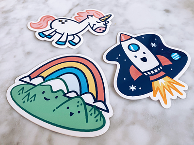 Rainbows! Unicorns! Space! Stickers! cute illustration kawaii rainbow rocket space sticker unicorn