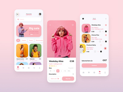 Trendy fashion e-commerce app checkout clothing colors design e commerce explore fashion filter icons items mobile profile rating sales size guide store ui ux webshop