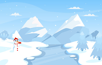 Cold winter snow mountain scenery with snowman cold freeillustration holiday illustration ui illustration vector winter winterscene