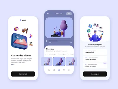 Vidoo app - video edit tool 3d app background customize design edit filters illustration image interface layout logo masks mobile plan project subscription trim ui video