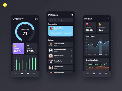 Sleep Tracker app bedtime chart clean dark design duration health minimal mobile night overview patient score sleep statistics tracking ui ux wellness