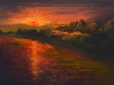Sunset illustration island landscape painting reflection sea sunset texture travel