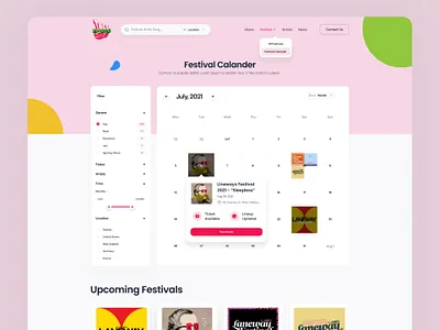 Music & Festival Information Searching Website UI app branding calader view calendar design events website festive website filter illustration landign page mobile music website web app webflow website website ui zainiklab