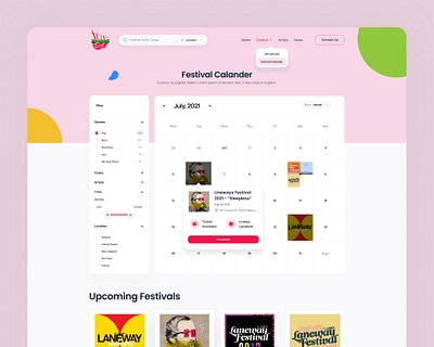 Music & Festival Information Searching Website UI app branding calader view calendar design events website festive website filter illustration landign page mobile music website web app webflow website website ui zainiklab