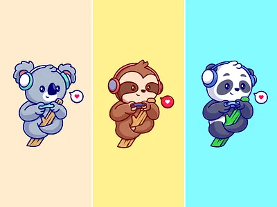Animals gaming🐨🐼🎮 activity animals bamboo branch cute earphone fur gaming headphone icon illustration koala logo love nitendo panda pet playstation stick wood