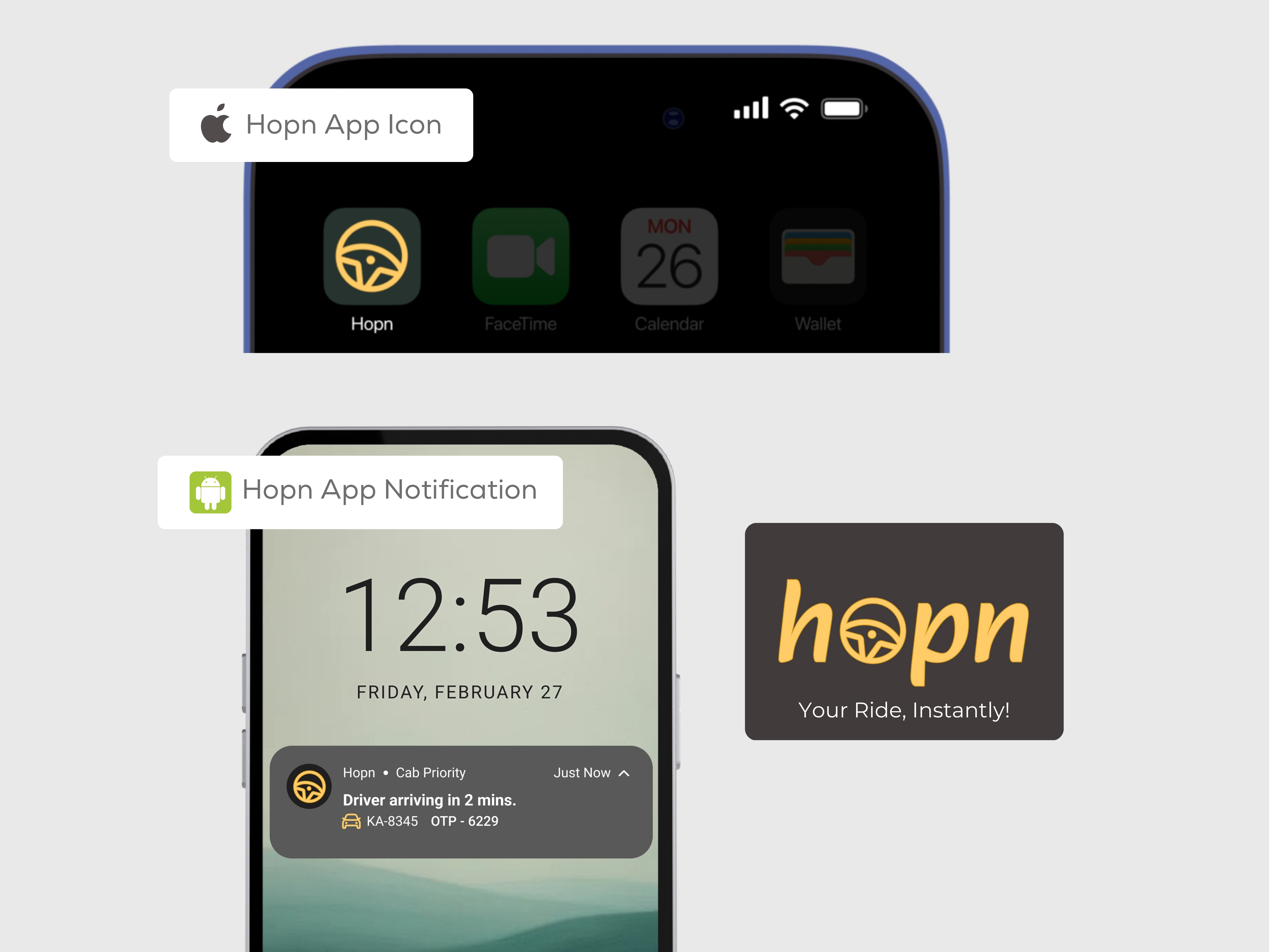 Daily UI 005 — Hopn Ride Hailing App Icon | Notification UI android app icon app icon app icon design brand identity daily ui daily ui 005 daily ui challenge ios app icon logo design minimal logo mobile app branding mobile app logo product design ride booking app ride sharing app startup branding transportation app