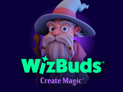 WizBuds Logo + Tagline 3d beard creativity digital green hat magic nft purple wand web3 wizard