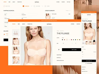 SOMA - product and card pages blush branding flexy landing lingerie minimal mobile design nightwear orange product card product landing pyjamas shop shopping ui ui ux uiux uiuxdesign underwear