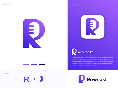 Rowcast logo design abstract logo audio brand identity branding design letter r logo microphone modern logo podcast r logo show speaker