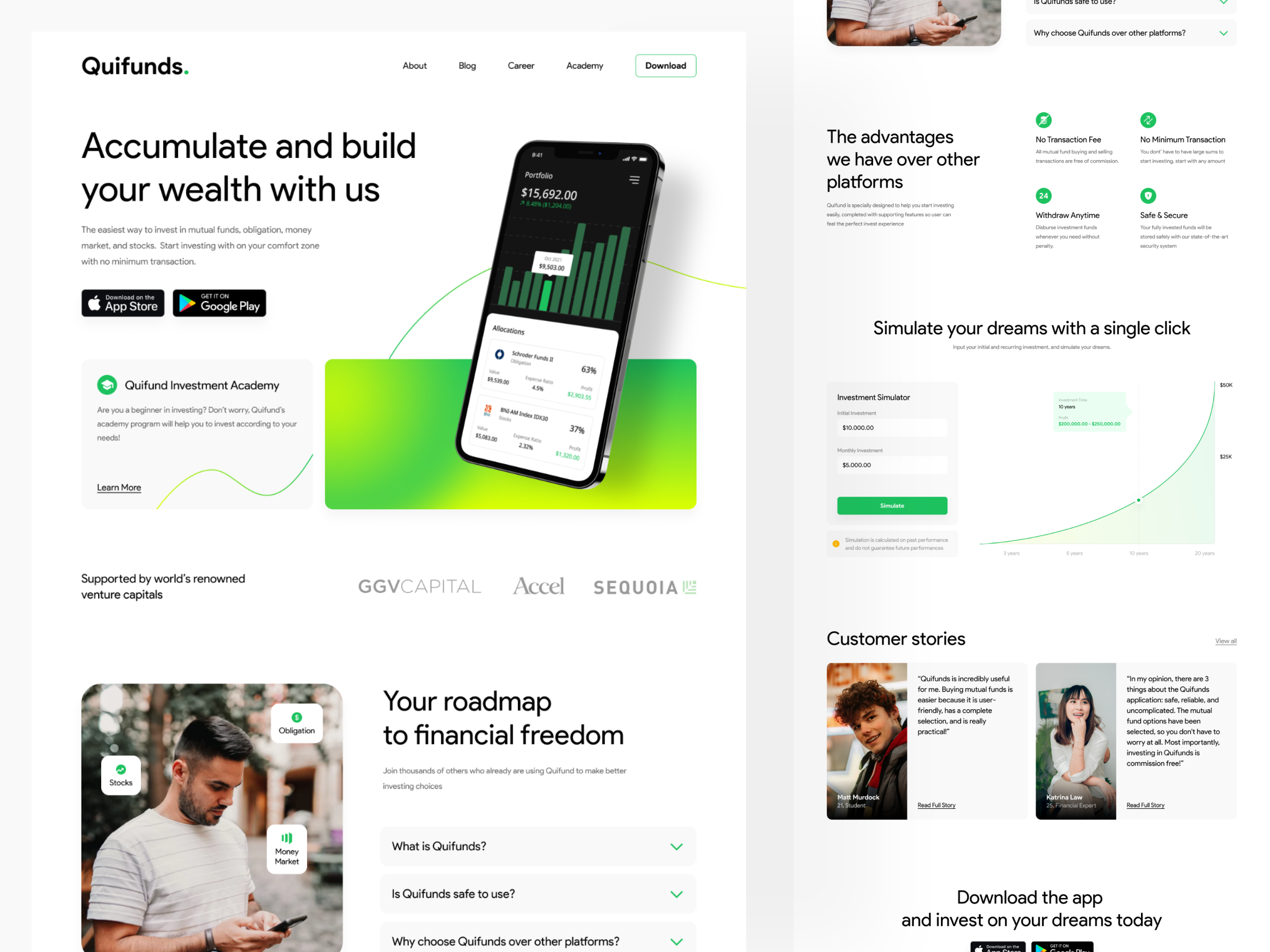 Example of Quifunds - Investment App Landing Page
