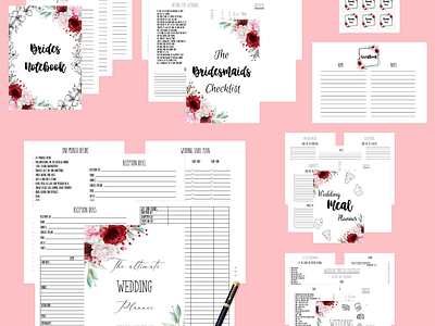 Digital Wedding Checklists to Download and Print 20oz wedding guide digital downloads digital meal planner digital note book digital thank you tags digital wedding guestbook pages digital wedding planner pdf files pink and red wedding wedding checklists