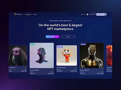 NFTreasure Marketplace homepage animation blockchain collection crypto dark design figma landing marketplace mint nft ui ux wallet web web3