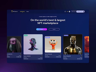 NFTreasure Marketplace homepage animation blockchain collection crypto dark design figma landing marketplace mint nft ui ux wallet web web3