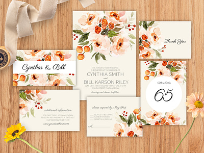 Watercolor Vintage Peonies Wedding Invitation Template design illustration layout template wedding