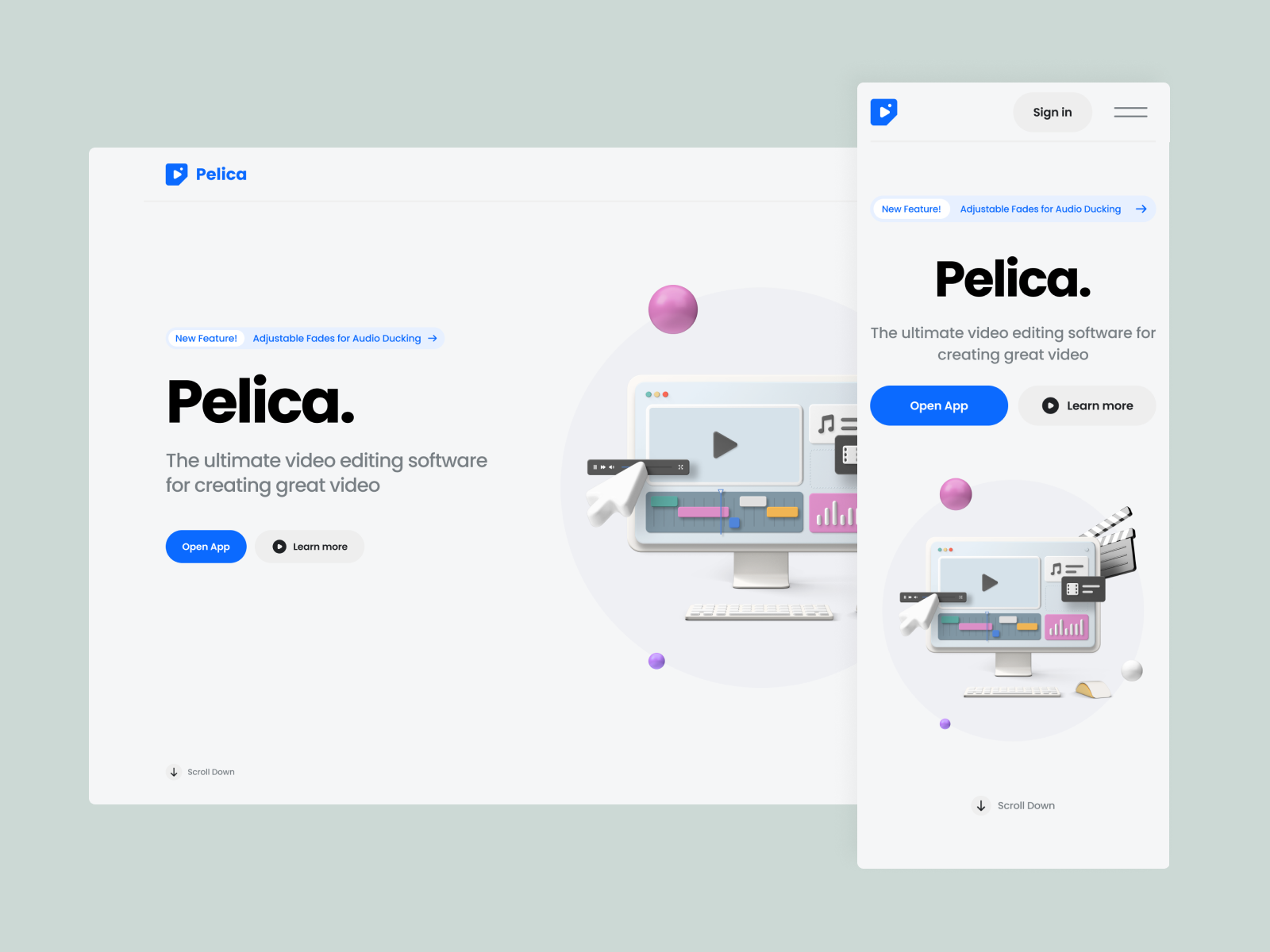 Pelica - The ultimate video editing software 3d animation clean editing interaction interactive landing page minimalist responsive video video editor web website