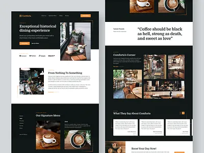 Comforta - Working Space & Eatery Landing Page beverages branding cafe clean coffee coffee shop eatery food gallery meeting menu place restaurant simple studio ui website working space