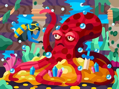 Octopus on the treasures diver flat illustration octopus painting pbn pirate puzzle sunken ship treadure treasure guard vector