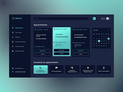 Medica Healthcare App app application dark dark mode design doctor graphic design health health care medicine mobile ui user experience user interface ux web