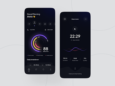 Sleep Tracker App activity tracker app alarm clock app design clean dark ui fitness tracker health app health tracker app heart rate interface mobile mobile design modern sleep analytics sleep app sleep assistant sleep duration statistics ui ux