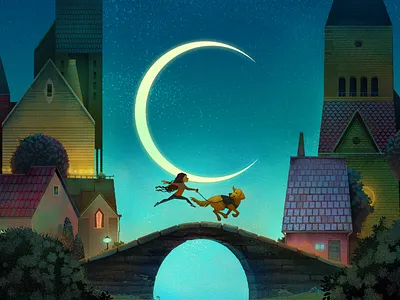Lilly's drawing dog environment illustration kids moon night photoshop town