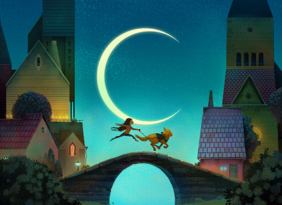 Lilly's drawing dog environment illustration kids moon night photoshop town