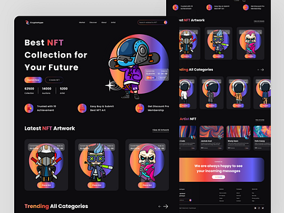 Landing Page - NFT Marketplace bitcoin blockhain clean design colorful crypto art cryptocurrency darkmode desktop ethereum gradient homepage landing page nft art nft marketplace nfts token ui design ux design web design