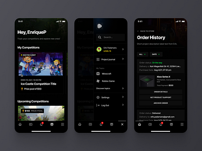 Ender - Mobile Designs blockchain burger card ui competition crypto dark ui ed tech game gaming history home menu minecraft nft orders side menu startup store tab bar ui