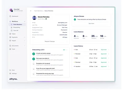 Athyna Platform - Member View b2c climate dashboard design agengy hiring leave member profile recruitment remote saas startup talent ui ux ux design web app