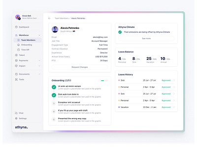 Athyna Platform - Member View b2c climate dashboard design agengy hiring leave member profile recruitment remote saas startup talent ui ux ux design web app