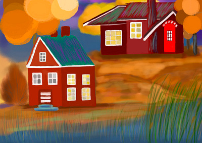 Houses near the lake art autumn grass house illustration lake nature tree yelllow