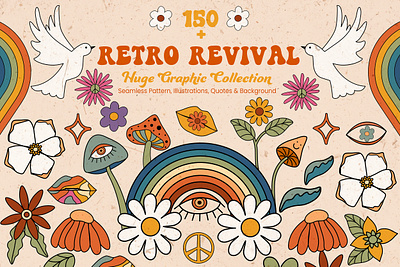 70s Retro Revival Graphic Collection 1970s graphic 70s colorful compositions cute fun hand drawn hippie illustrations mid century psychedelic rainbows retro seamless pattern textile printing vector vintage