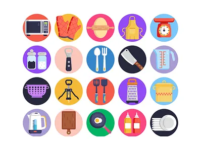 Kitchen Tools Icons apron coloured icons flat icons gloves icons kitchen tool kitchenware microwave oven roller vector vectors