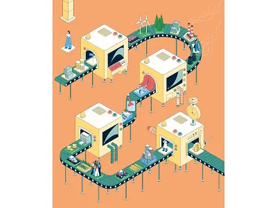Resources Magazine character characterdesign climate change conveyor belt deforestation design drawing editorial factory graphic illustration isometric money ocean perspective time machine vector weather