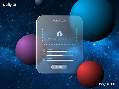 Daily Ui Challenge - File Upload 31 appui dailyui dailyuichallenge dark theme darktheme day31 drop file here file upload glass glassmorphism graphic design space uidesign uiux upload upload file webdesign website
