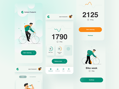 Carbon Footprint - concept app screens activities carbon footprint co2 dashboard design emission environment green illustrations interface ios mobile mobile app mobile screens orange planet ui ui design ux vector