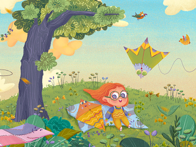 Little girl and her kite. birds character development character illustration childrens book childrens illustration childrensbookillustration digital art flowers girl girl illustration illustration kid kidlit kidlitart kite leaves plant illustration visual development