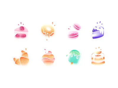 frosted glass cakes icon set atmosphere baking cake colors donut frosted glass ice cream icon icon set iconography illustration magic matte muffin slice of cake sugar sweet sweets ui vector