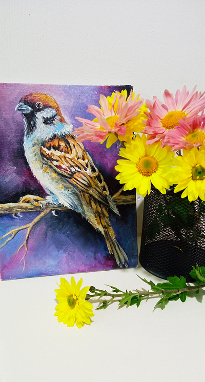 Bird oil painting, oil art, gift, Wall decor, Birds, picture graphic design handmade art