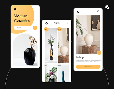 Ceramic ecommerce shop app app ui beautidul branding ceramic clean commerce dark design e commerce gold illustration minimal mobile mobile ui pittery saturn shop ui ux
